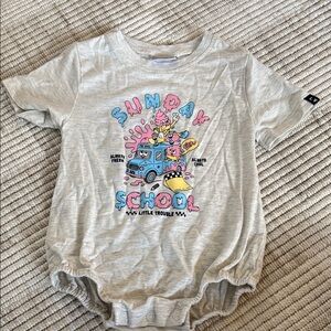Sunday School Graphic Baby bubble Romper - Light Gray with Pink & Blue Print